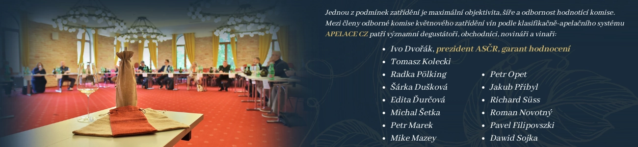 Jednou z podmínek zatřídění je maximální objektivita, šíře a odbornost hodnotící komise. Mezi členy odborné komise květnového zatřídění vín podle klasifikačně-apelačního systému APELACE CZ patří významní degustátoři, obchodníci, novináři a vinaři: Ivo Dvořák, prezident ASČR, garant hodnocení Tomasz Kolecki Radka Pölking Šárka Dušková Edita Ďurčová Michal Šetka Petr Marek Mike Mazey. Petr Opet Jakub Přibyl Richard Süss Roman Novotný Pavel Filipovszki Dawid Sojka