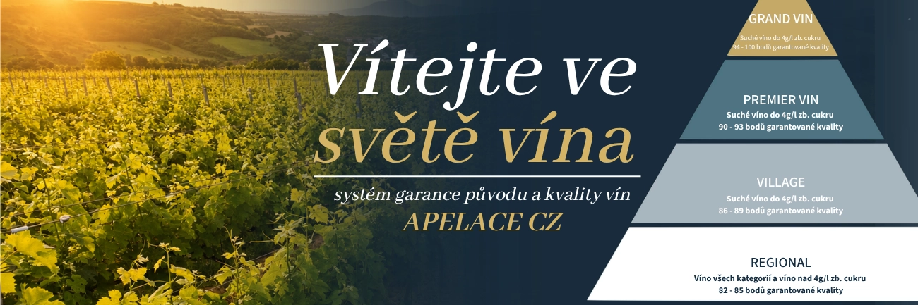 APELACE CZ SYSTÉM GARANCE PŮVODU A KVALITY VÍN APELACE CZ, ZAPSANÉHO SPOLKU VINAŘSKÝCH PROFESIONÁLŮ Představujeme Vám pyramidový, klasifikačně–apelační systém APELACE CZ, který jako první zařazuje vína do kategorií kvality Grand vin, Premier vin, Village a Regional.  Vína se 100% původem z vinic Moravy a Čech jsou v tomto systému hodnocená nezávislou odbornou mezinárodní komisí pod garancí prezidenta Asociace sommelierů České republiky a zařazená do PYRAMIDY KVALITY.  Garantujeme Vám tak nejen původ našich tuzemských vynikajících vín, ale i kvalitu srovnatelnou se světem.  Díky tomuto systému tvořenému tři roky s uznávanými experty na apelaci a terroir, dáváme základ pro garanci původu a klasifikaci vinic z našich unikátních vinařských terroir.